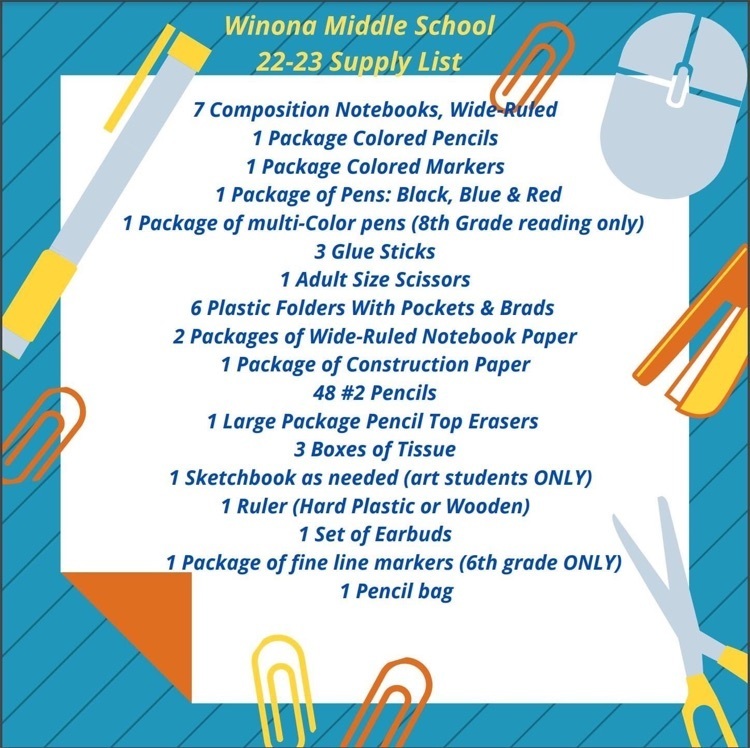 Middle School Supply List for 2022-2023 school year. | Winona Middle School